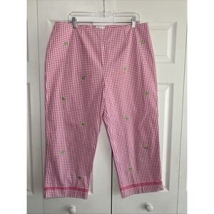 Bamboo Traders Womens 16 Pink Gingham Straight Leg Pants Turtle Embroidery